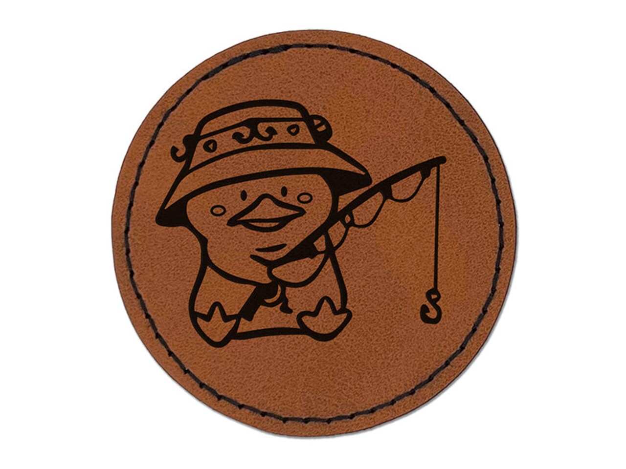 Fishing Duck Rod Bucket Hat Round Iron-On Engraved Faux Leather